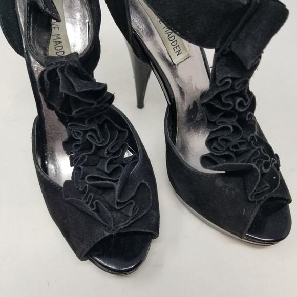 Steve Madden Black Suede Leather Ruffle Platform Heels Size 9 - Picture 3 of 13